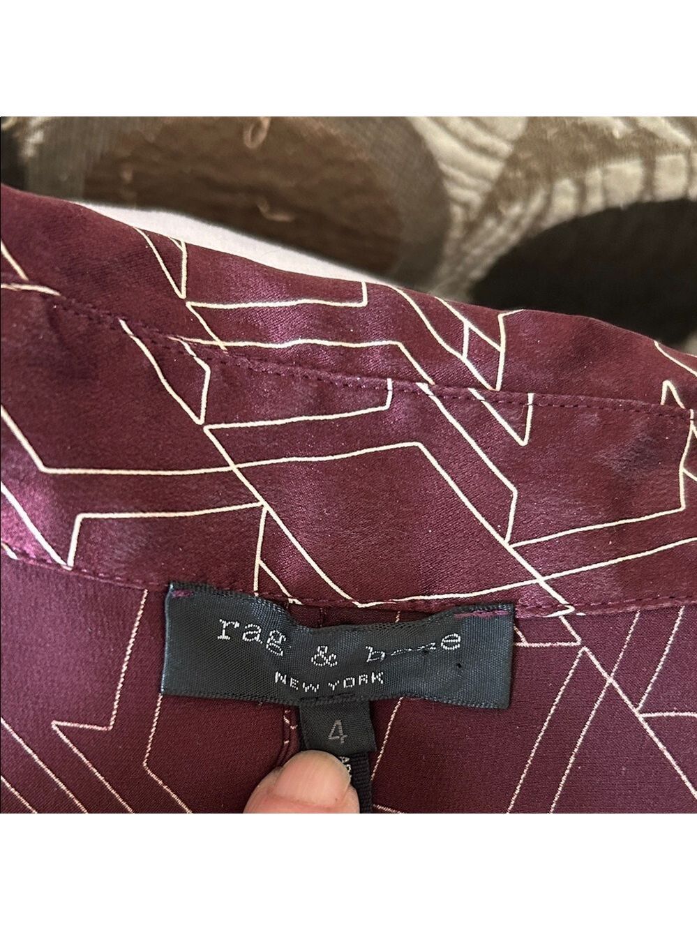 rag & bone Silk Burgundy Long Sleeve Dress with Geometric Pattern size 4 - Picture 13 of 14